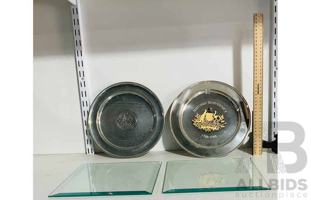 Pair of Pewter Commemorative Australian Bicentenary Plates and Pair of Square Glass Display Playes