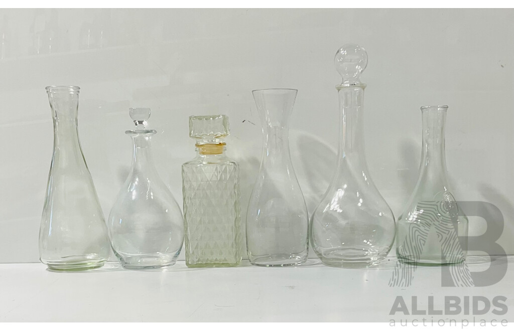 Collection of Vintage Glassware Vases and Bottles Including Stoppers