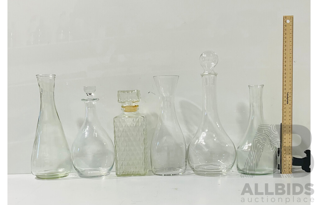 Collection of Vintage Glassware Vases and Bottles Including Stoppers