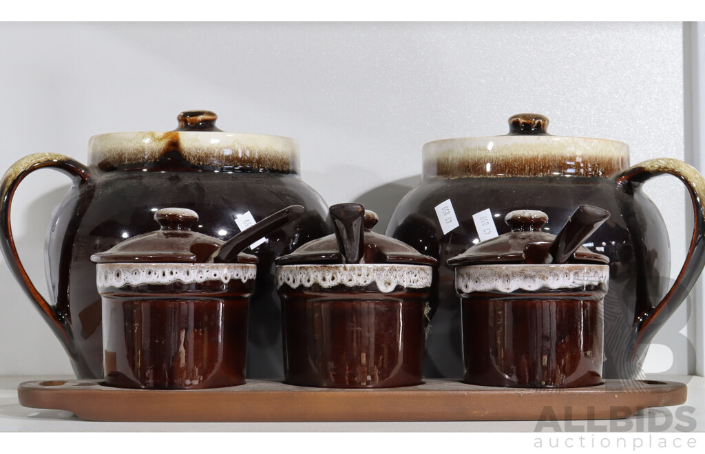 Pair of Vintage Large Bean Pots with Lids and Three Jam Pots with Ladles and Lids