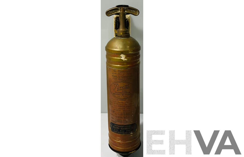 Antique Brass Pyrene Fire Extinguisher on Wall Bracket