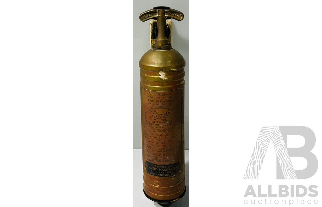 Antique Brass Pyrene Fire Extinguisher on Wall Bracket