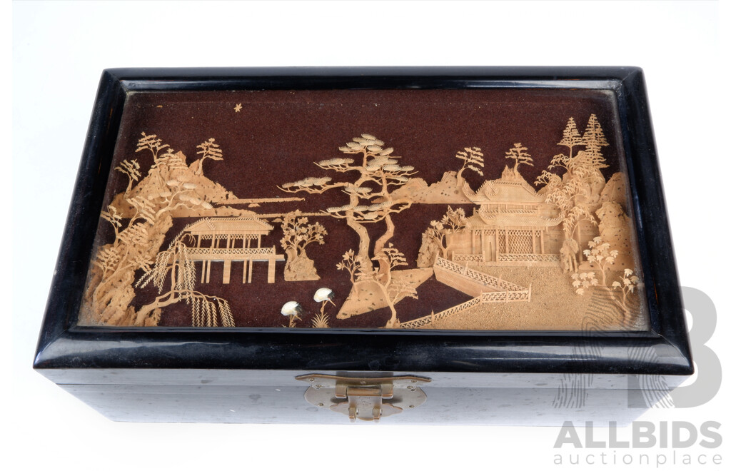Retro Chinese Wooden Jewellery Box with Hand Carved Cork Under Glass Decoration to Top