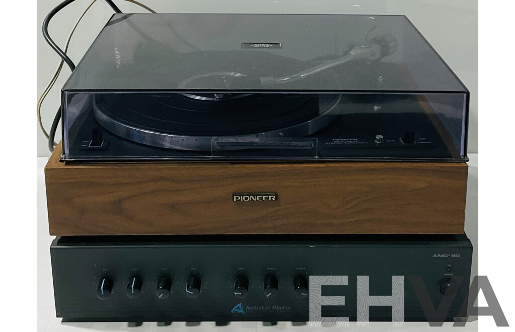 Vintage Pioneer Model PL-15 Stereo Turntable Alongside AMC+ 60 AMC+60  60W Mixer Amplifier by Australian Monitor