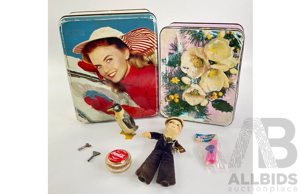 Vintage Cloth Toy Sailor, Pressed Steel Clock Work Penguin (made in England) Russell Limited Edition Coca Cola Yo-Yo and Twist Bazoon Kazoo, Willow and Floral Tins