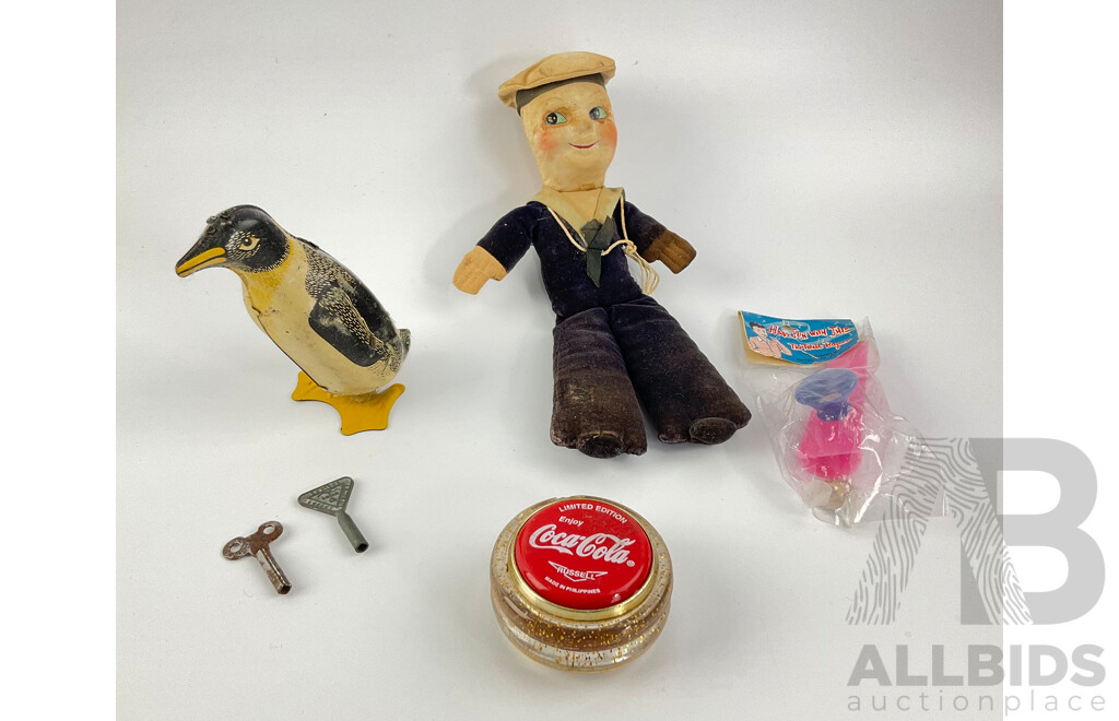 Vintage Cloth Toy Sailor, Pressed Steel Clock Work Penguin (made in England) Russell Limited Edition Coca Cola Yo-Yo and Twist Bazoon Kazoo, Willow and Floral Tins