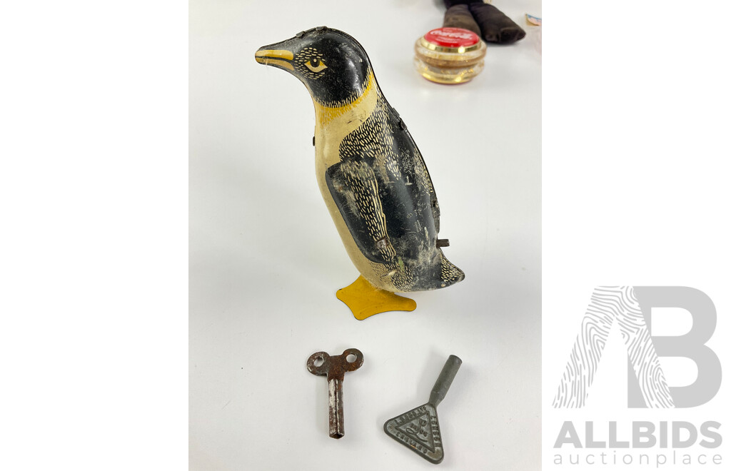 Vintage Cloth Toy Sailor, Pressed Steel Clock Work Penguin (made in England) Russell Limited Edition Coca Cola Yo-Yo and Twist Bazoon Kazoo, Willow and Floral Tins