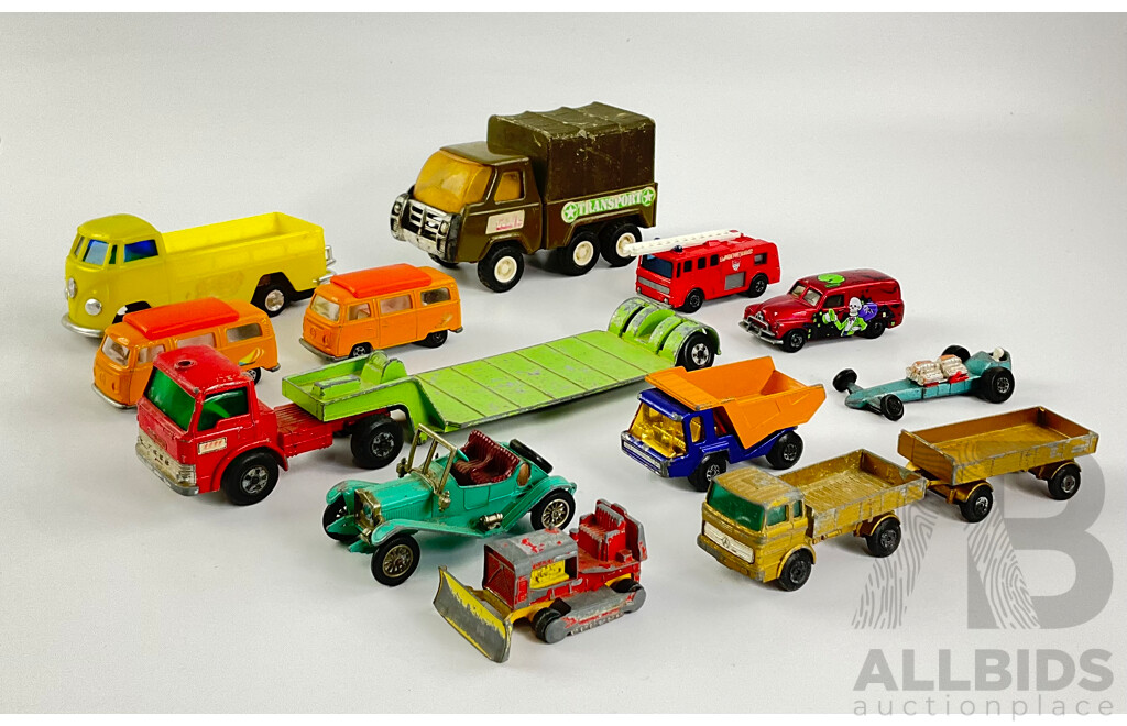 Collection of Vintage Matchbox Vehicles Including Slingshot Dragster, Volkswagen Campers with Lucky Toys VW Camper and Pressed Steel Buddy L Transport Truck, Made in Japan