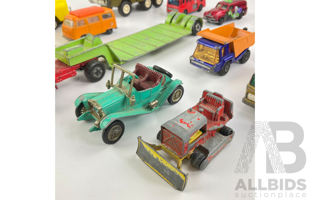 Collection of Vintage Matchbox Vehicles Including Slingshot Dragster, Volkswagen Campers with Lucky Toys VW Camper and Pressed Steel Buddy L Transport Truck, Made in Japan