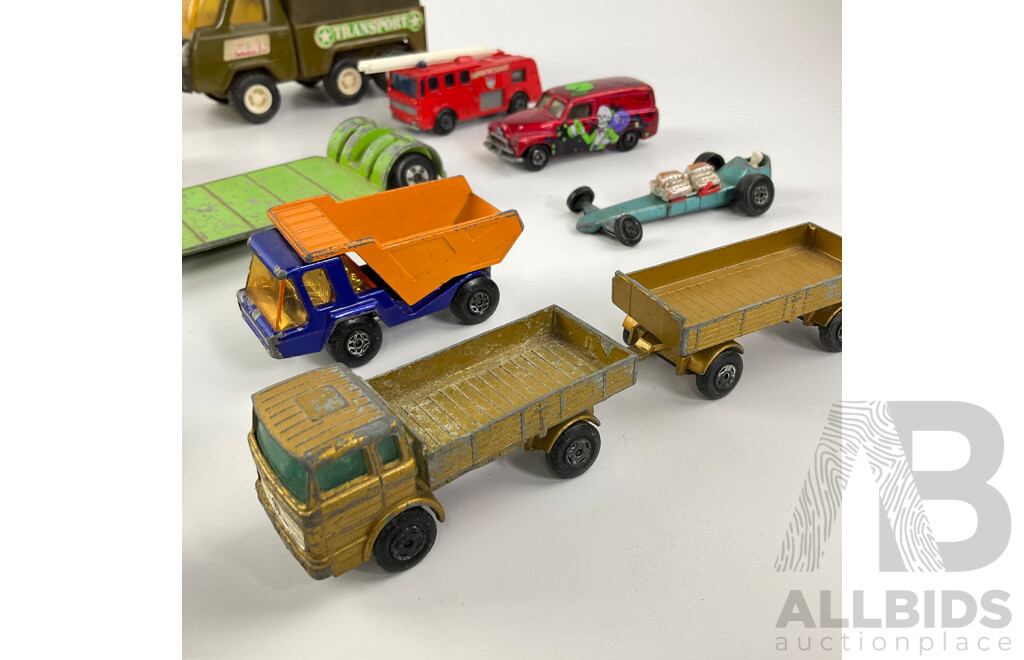 Collection of Vintage Matchbox Vehicles Including Slingshot Dragster, Volkswagen Campers with Lucky Toys VW Camper and Pressed Steel Buddy L Transport Truck, Made in Japan