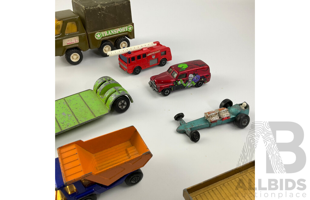 Collection of Vintage Matchbox Vehicles Including Slingshot Dragster, Volkswagen Campers with Lucky Toys VW Camper and Pressed Steel Buddy L Transport Truck, Made in Japan