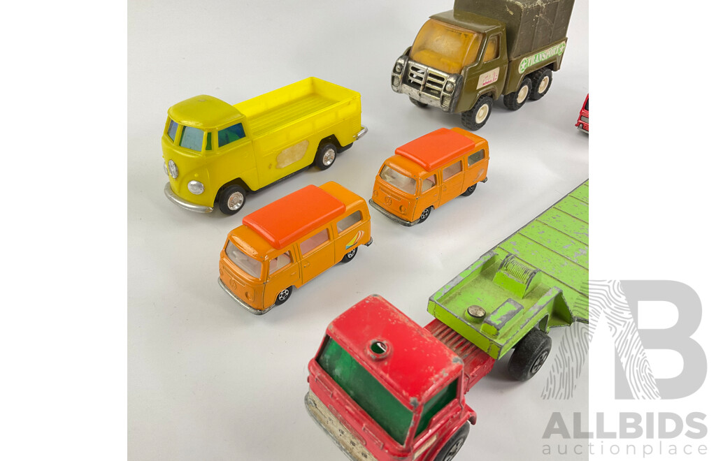 Collection of Vintage Matchbox Vehicles Including Slingshot Dragster, Volkswagen Campers with Lucky Toys VW Camper and Pressed Steel Buddy L Transport Truck, Made in Japan