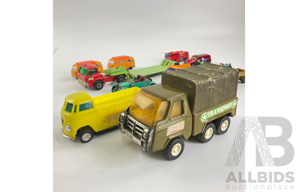 Collection of Vintage Matchbox Vehicles Including Slingshot Dragster, Volkswagen Campers with Lucky Toys VW Camper and Pressed Steel Buddy L Transport Truck, Made in Japan