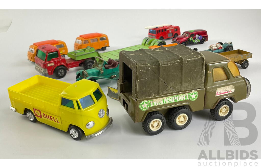 Collection of Vintage Matchbox Vehicles Including Slingshot Dragster, Volkswagen Campers with Lucky Toys VW Camper and Pressed Steel Buddy L Transport Truck, Made in Japan