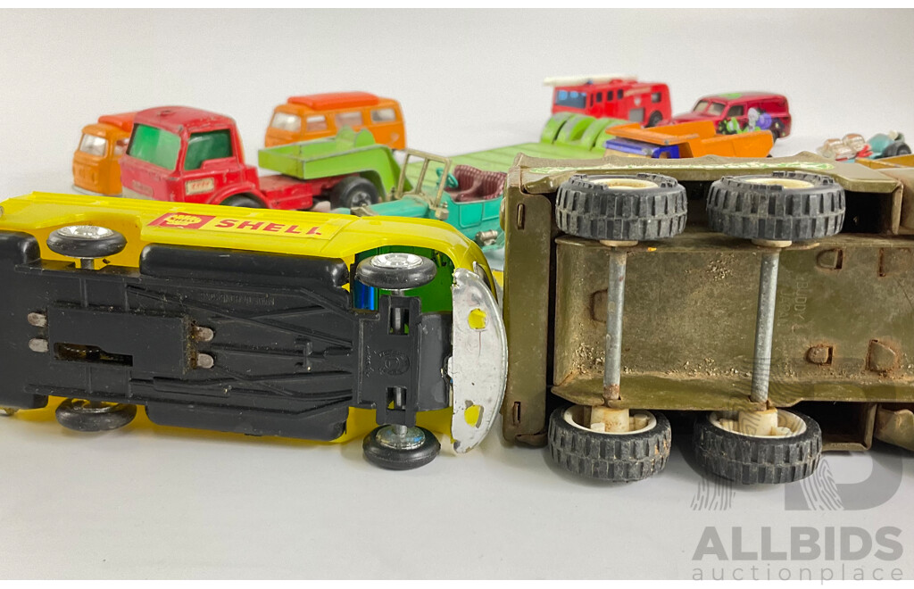 Collection of Vintage Matchbox Vehicles Including Slingshot Dragster, Volkswagen Campers with Lucky Toys VW Camper and Pressed Steel Buddy L Transport Truck, Made in Japan