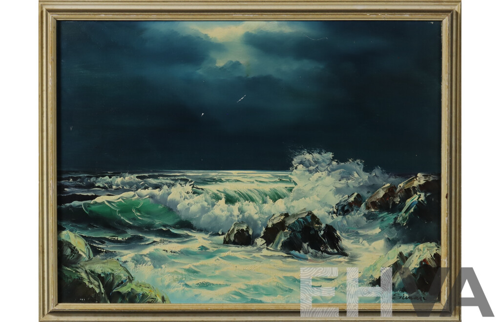 Artist Unknown, Stormy Seas, Vintage Oil on Canvas Board, 49.5 X 65 Cm (frame)