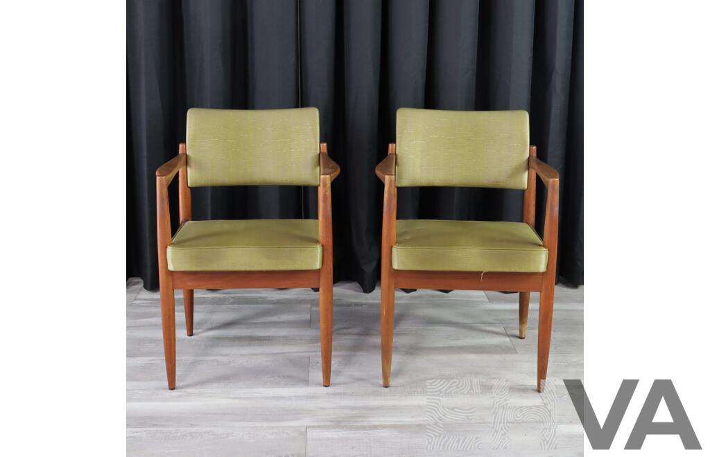 Pair of Retro Teak Green Vinyl Dining Chairs