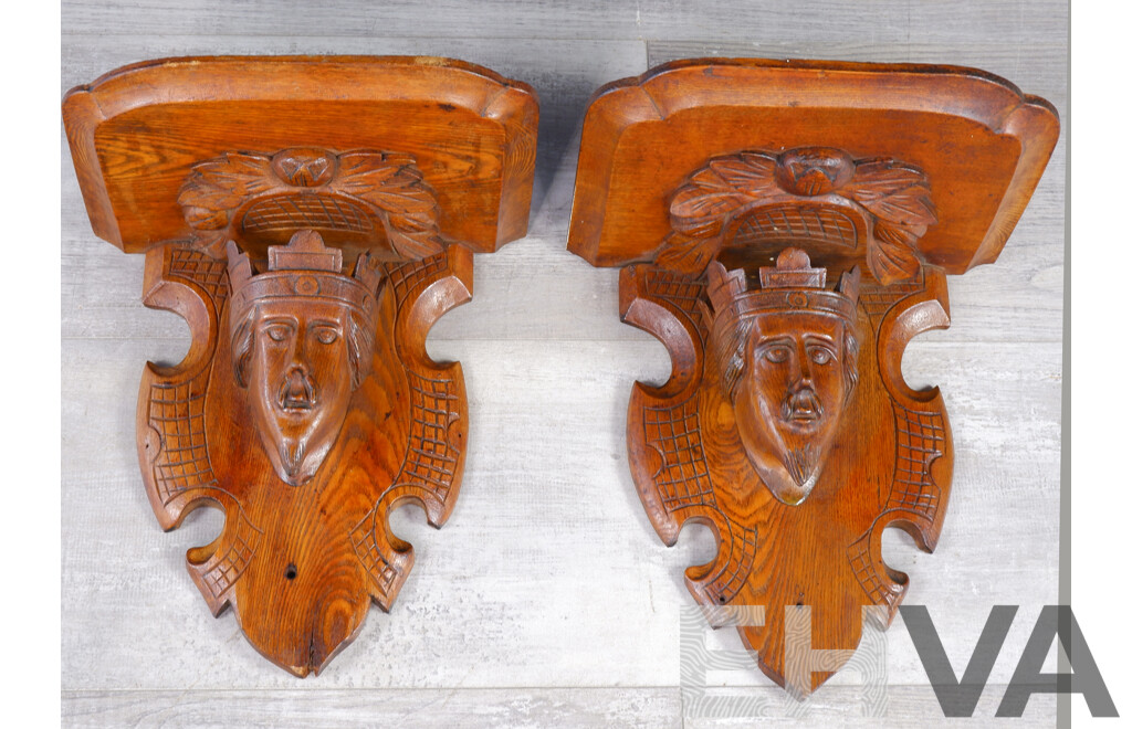 Pair of Heavily Carved Oak Figural Corbels