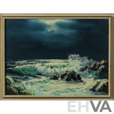 Artist Unknown, Stormy Seas, Vintage Oil on Canvas Board, 49.5 X 65 Cm (frame)