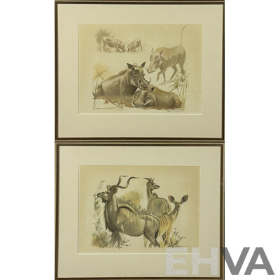 Ingrid Weiersbye, (20th Century, Born London 1945-), Kudu Antelopes and Warthogs, Pair of Framed Prints of Original Watercolours, 62 x 74 cm (frames) (2)