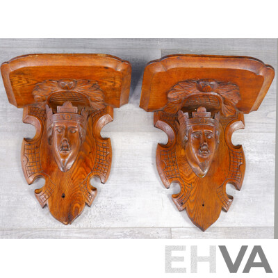 Pair of Heavily Carved Oak Figural Corbels