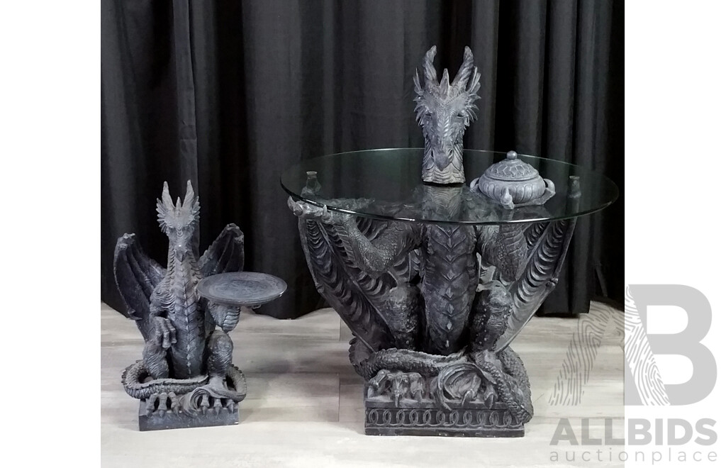 Composite Dragon Form Glass Top Side Table with Smaller Example