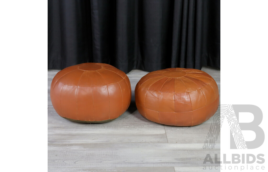 Pair of Brown Leather Pouf Ottomans