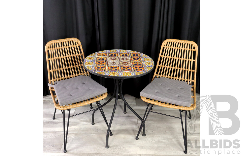 Three Piece Outdoor Setting with Two Cane Wrapped and Metal Chairs and Tile Top Table