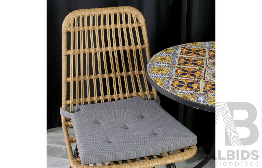 Three Piece Outdoor Setting with Two Cane Wrapped and Metal Chairs and Tile Top Table