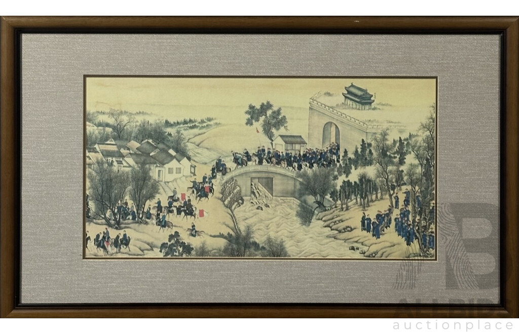 Wang Hui, (Chinese, 1632-1717), Kangxi's Southern Tour, Original Qing Dynasty Painting, [Likely by Wang Hui, One of the Six Great Painters in the Early Qing Dynasty], Reproduction Coloured Print Copy on Cloth, 28 x 53 cm (image)