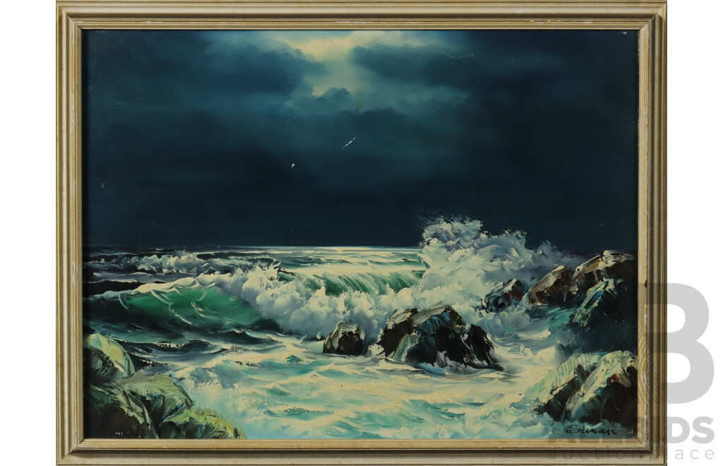 Artist Unknown, Stormy Seas, Vintage Oil on Canvas Board, 49.5 X 65 Cm (frame)