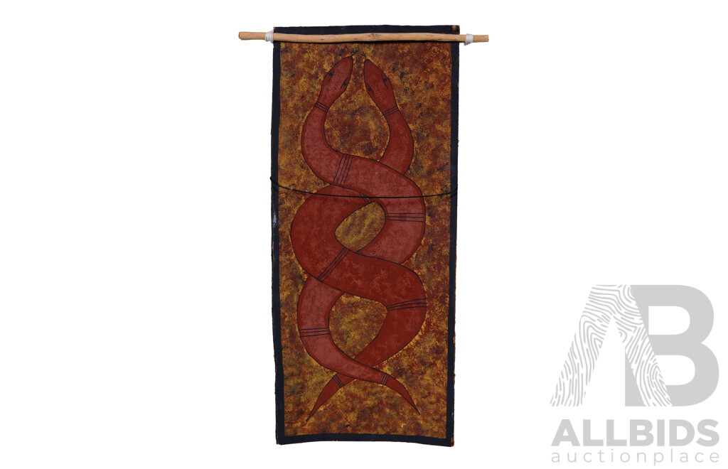 Dion, (20th Century, Indigenous-Australian), Snakes Entwined, Natural Pigments on Bark, 61 x 27 cm