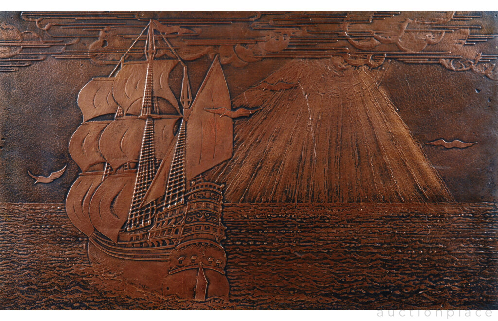 Vintage Copper Etching, Viking Ship, Birds and Sunbeams, 54 x 89 cm