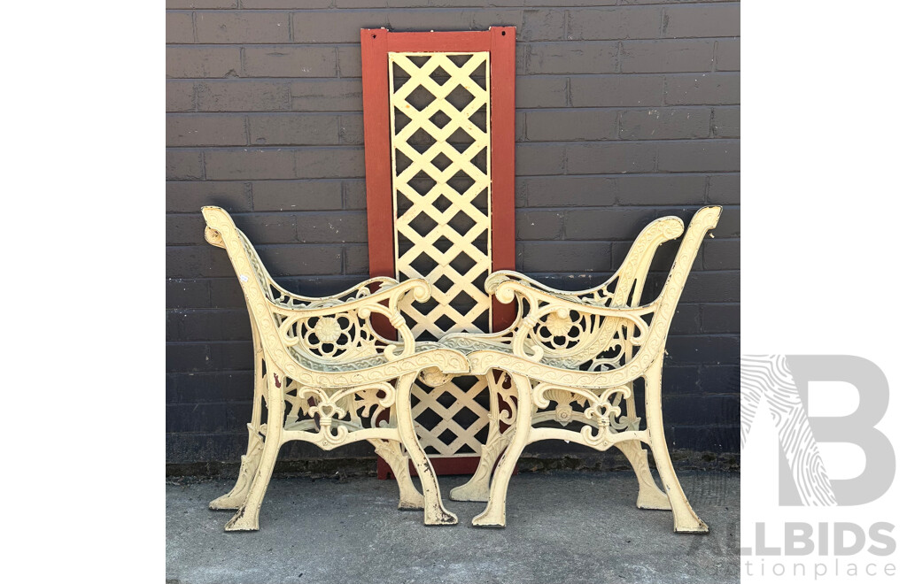 Set of Four Cast Iron Bench Ends and Single Back