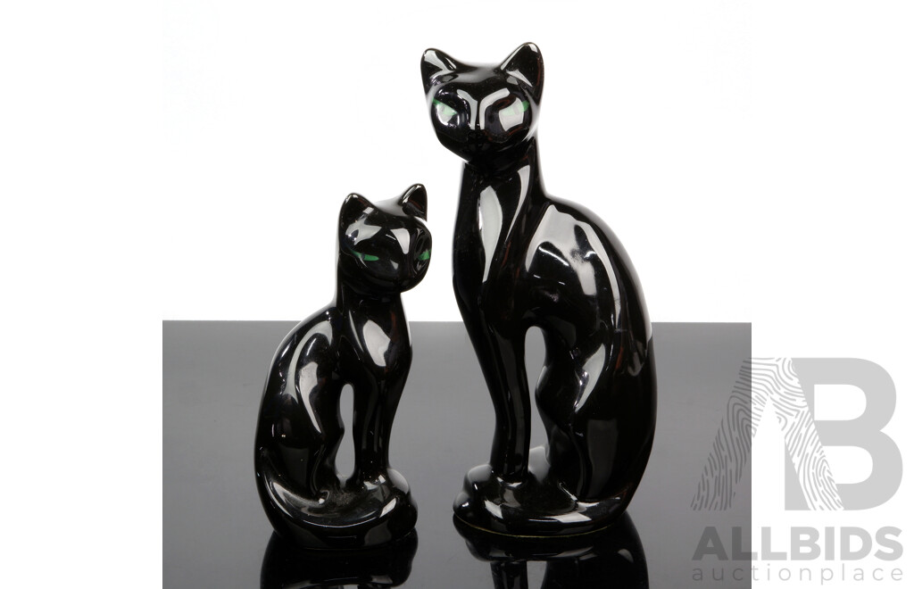 Two Retro Ceramic Green Eyed Cat Figures