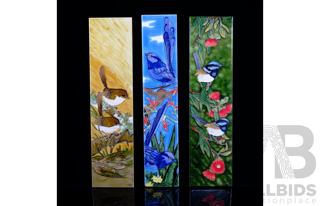 Three Ceramic Tiles with Avian Themed Decoration