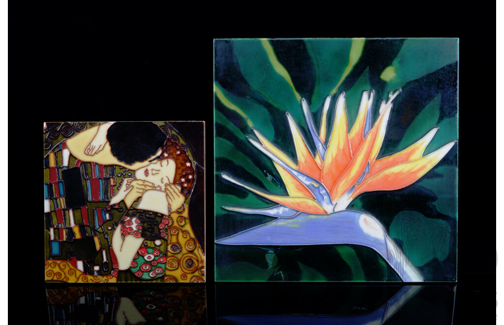 Two Ceramic Display Tiles Comprising Klimt and Bird of Paradise Flower