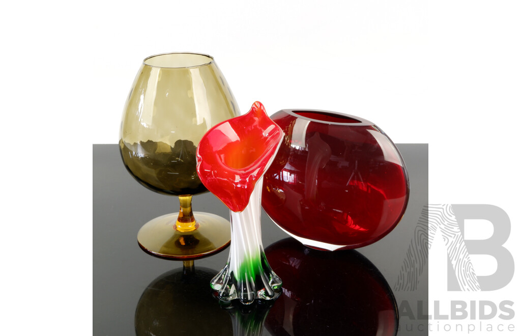 Collection Mid Century Glass Pieces Comprising Large Glass Goblet, Art Glass Tulip Form Vase and Ruby Glass Vase