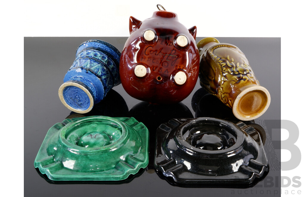 Collection Five Mid Century Ceramic Pieces Comprising 1957 American Corky Pig Money Box Example, Dragon Themed Example, Two Ashtrays and More