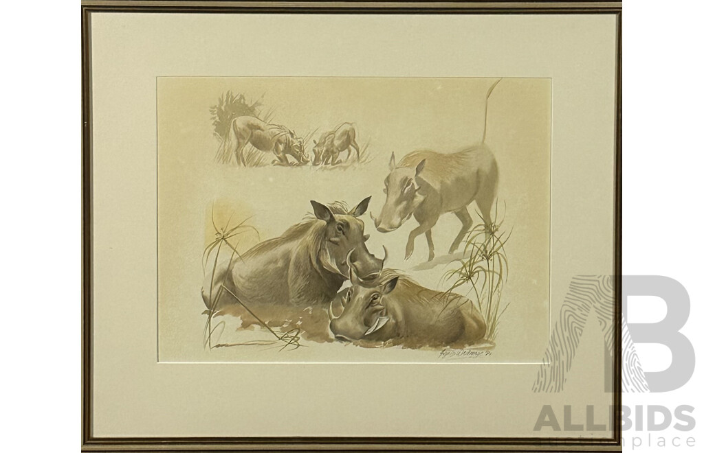 Ingrid Weiersbye, (20th Century, Born London 1945-), Kudu Antelopes and Warthogs, Pair of Framed Prints of Original Watercolours, 62 x 74 cm (frames) (2)