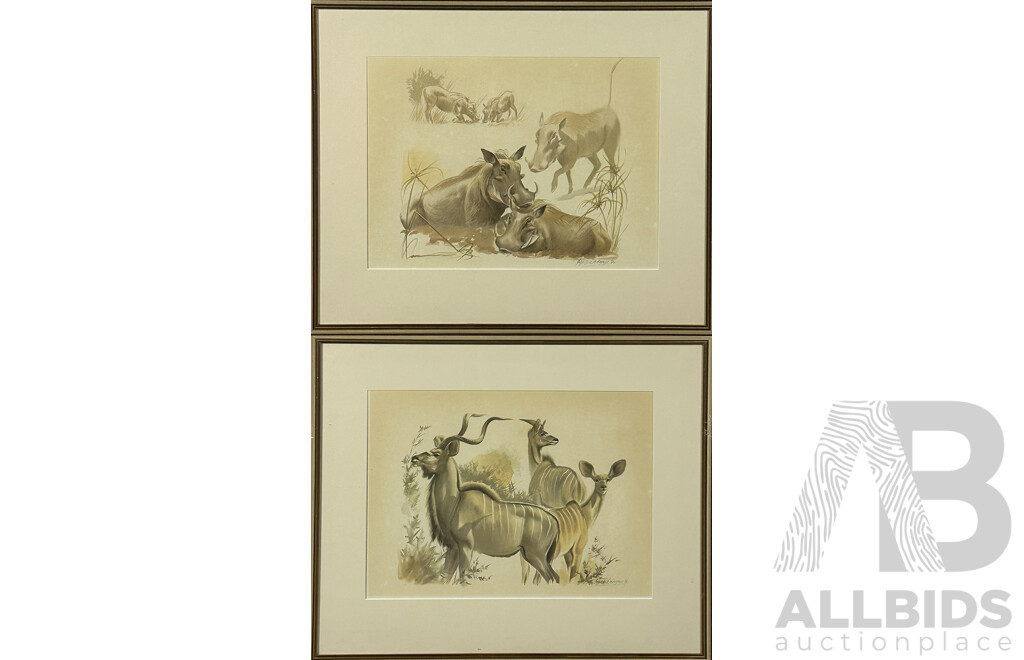 Ingrid Weiersbye, (20th Century, Born London 1945-), Kudu Antelopes and Warthogs, Pair of Framed Prints of Original Watercolours, 62 x 74 cm (frames) (2)