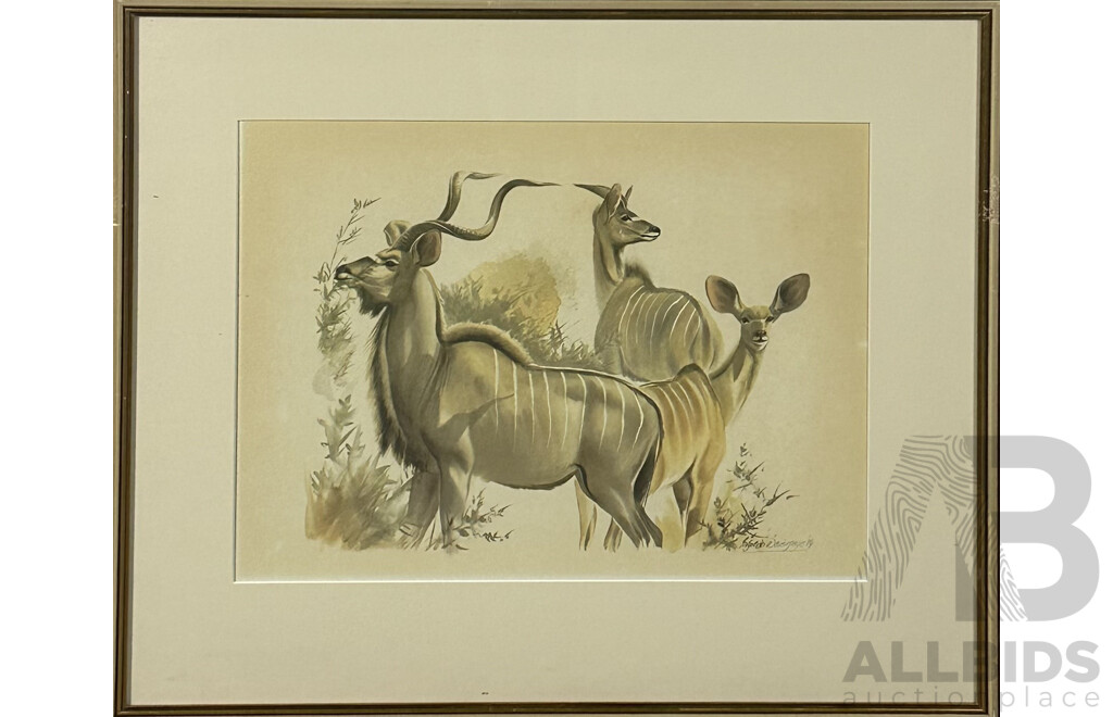 Ingrid Weiersbye, (20th Century, Born London 1945-), Kudu Antelopes and Warthogs, Pair of Framed Prints of Original Watercolours, 62 x 74 cm (frames) (2)