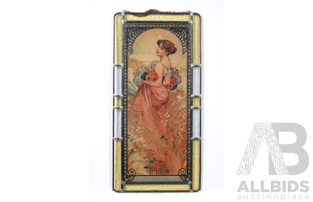 Alphonse Mucha, (Art Nouveau, Czech, 1860-1939), The Seasons - Summer, Reproduction Stained Glass Panel From the Original, 50 x 25 cm (frame)