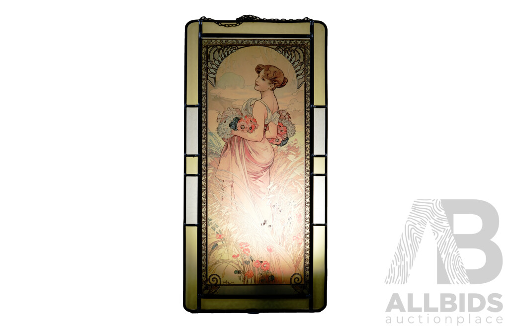 Alphonse Mucha, (Art Nouveau, Czech, 1860-1939), The Seasons - Summer, Reproduction Stained Glass Panel From the Original, 50 x 25 cm (frame)