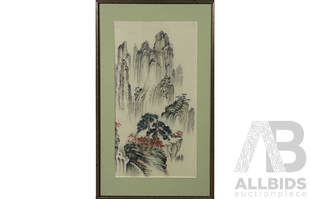 Artist Unknown (Chinese School), Mountain Scape, Ink Wash on SIlk, 85 x 50 cm (frame)