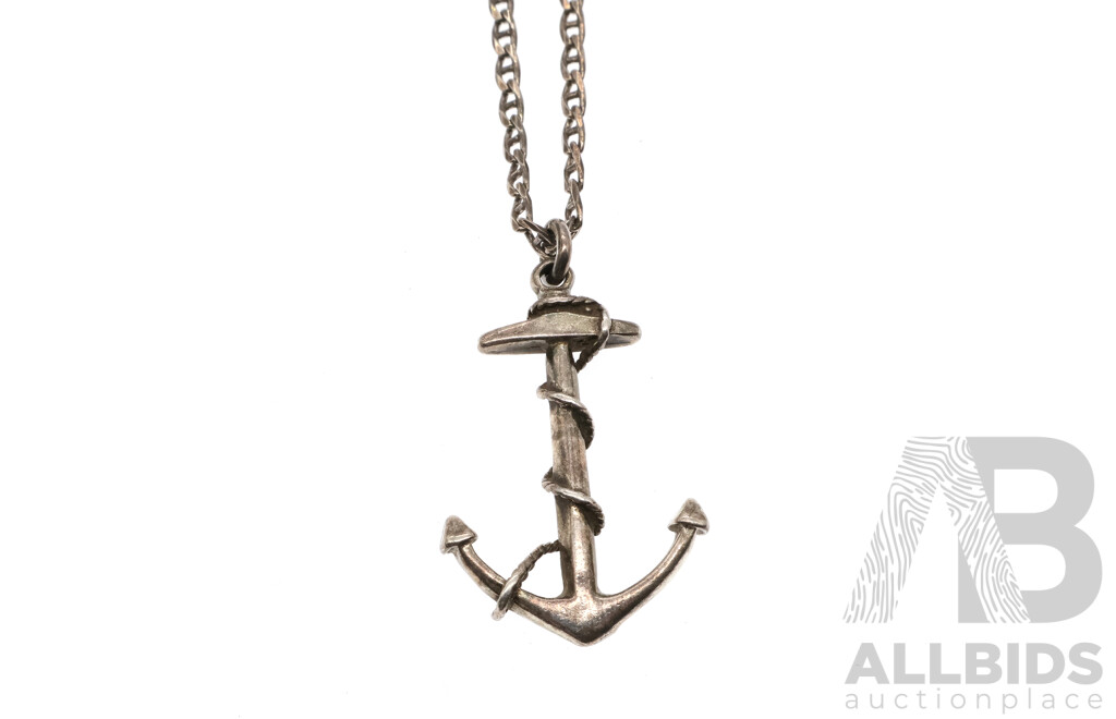 Sterling Silver 40mm Anchor Pendant with Fancy Curb Link Chain, 45cm, 14.26 Grams