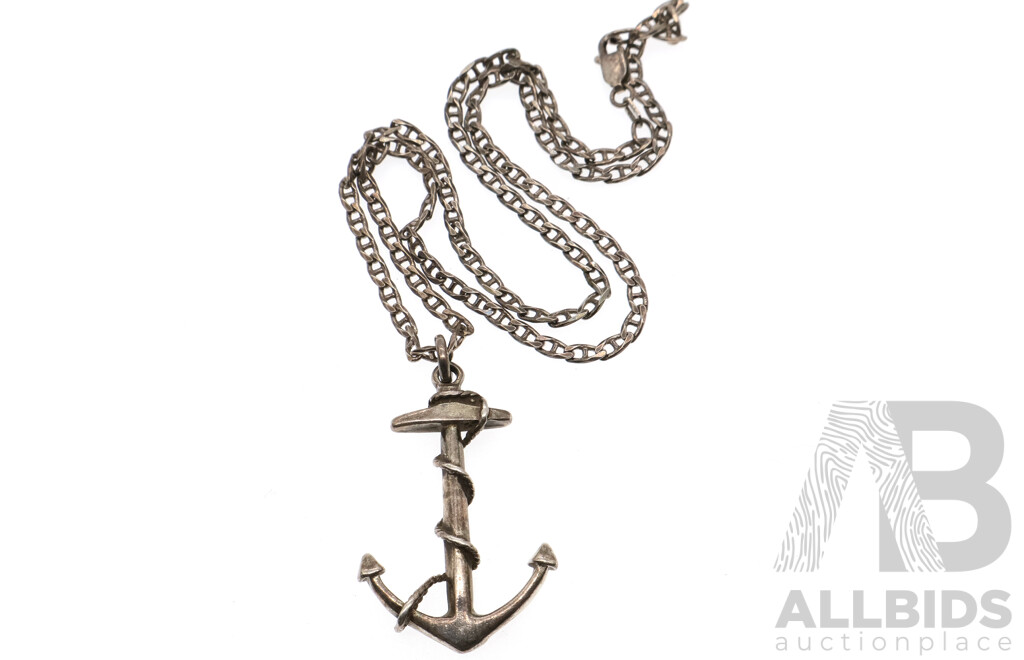 Sterling Silver 40mm Anchor Pendant with Fancy Curb Link Chain, 45cm, 14.26 Grams