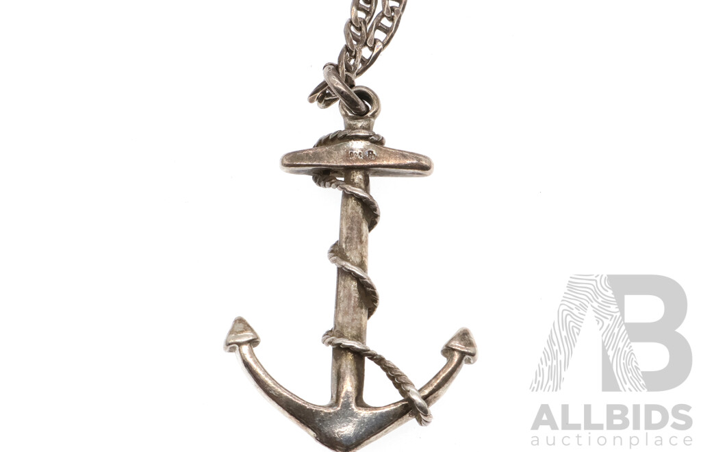 Sterling Silver 40mm Anchor Pendant with Fancy Curb Link Chain, 45cm, 14.26 Grams