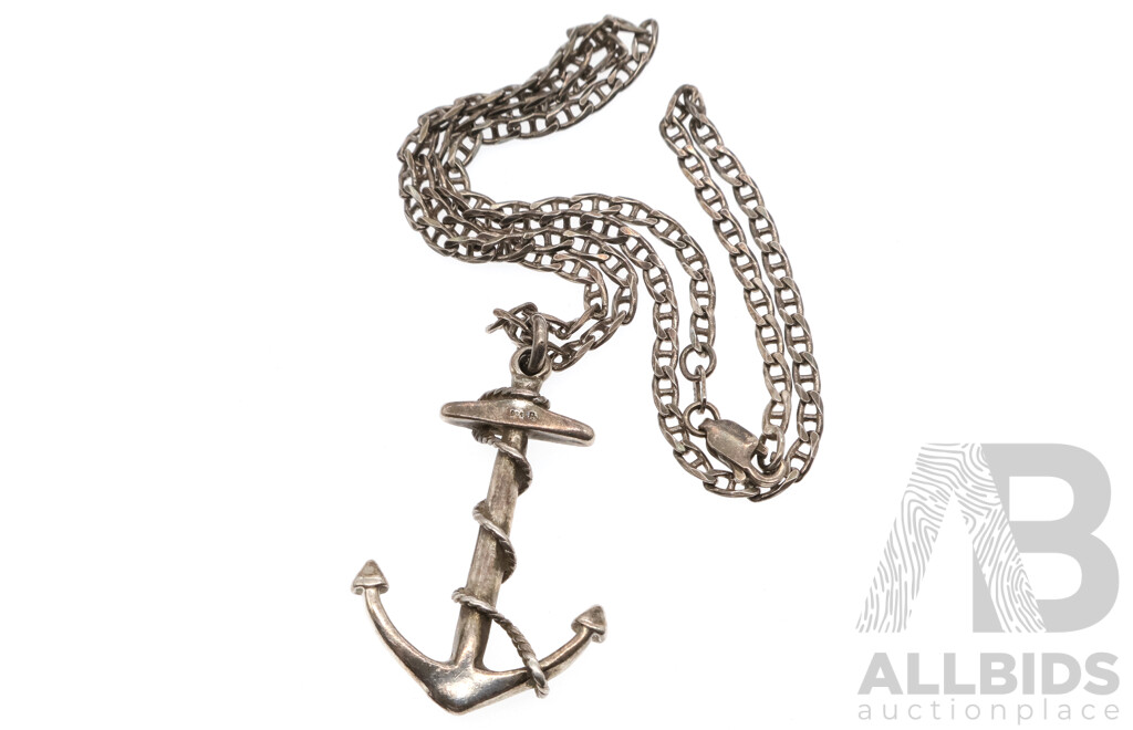 Sterling Silver 40mm Anchor Pendant with Fancy Curb Link Chain, 45cm, 14.26 Grams