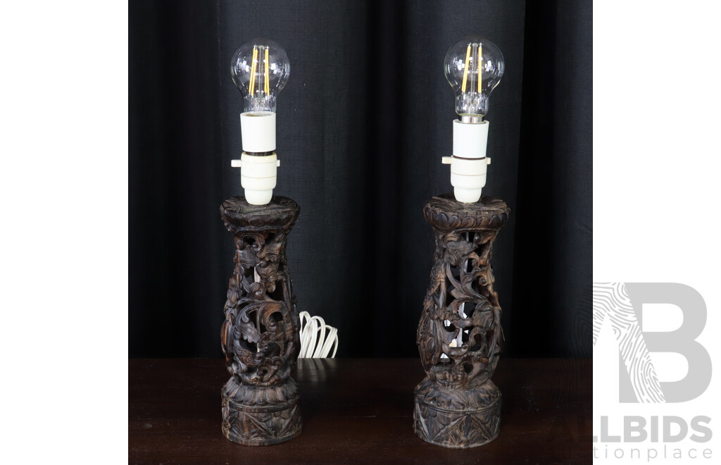 Pair of Hand Carved Macassar Ebony Asian Lamp Bases